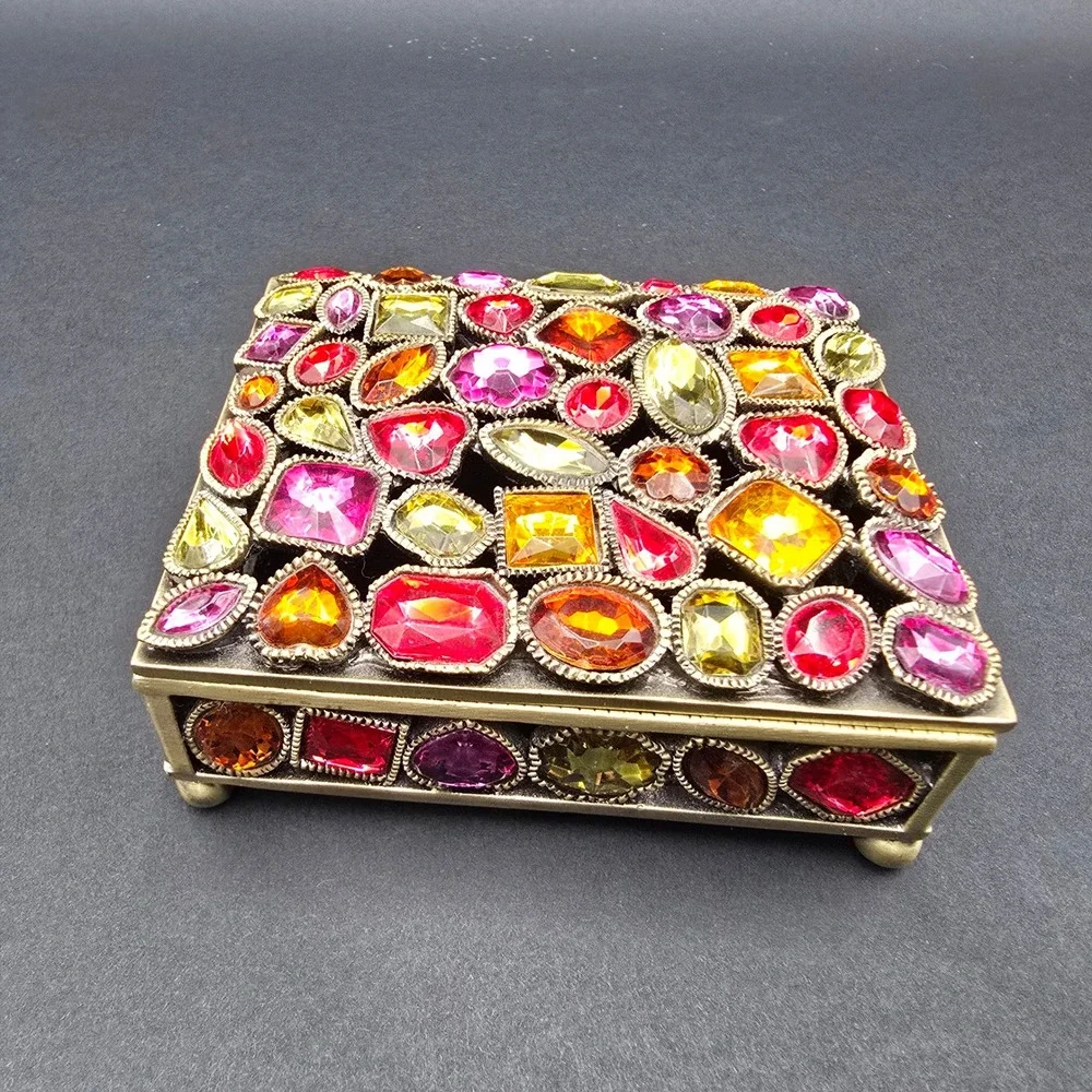 Vintage Style Bejeweled Jewelry Box Bronze Tone Multi Color Gemstone Trinket Box